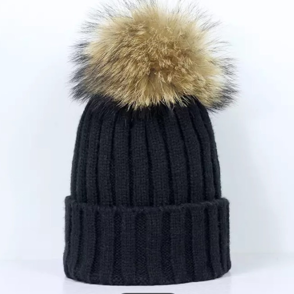 Black Knit Beanie with Removable Pom Pom
